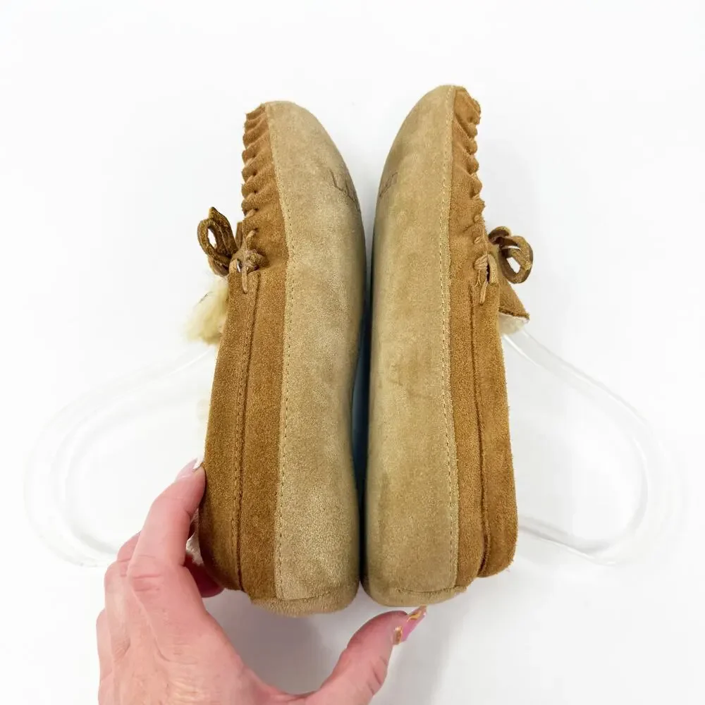 LL Bean Tan Suede Shearling Moccasin Slippers Kids Size 2 EUC Tie Bow Detail